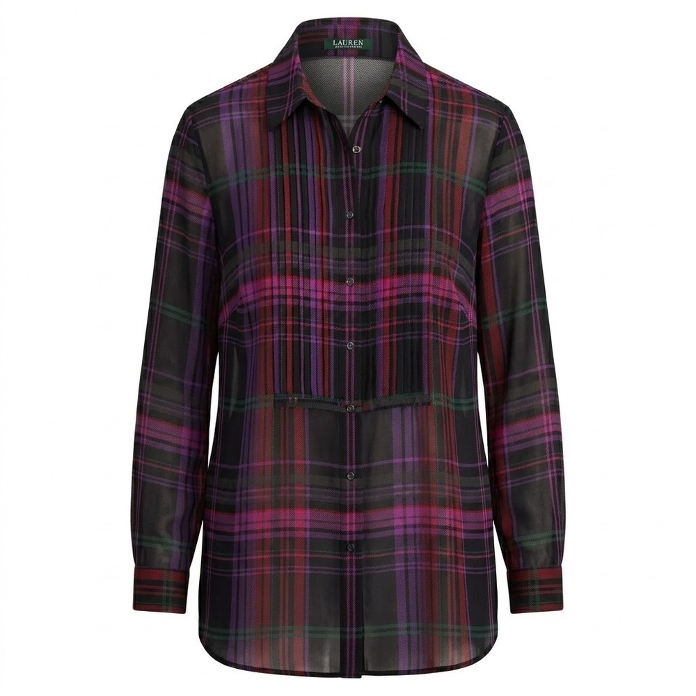 Lauren Ralph Lauren Purple Plaid Pintuck Sheer Button Down Shirt Size 2X -‎ IW